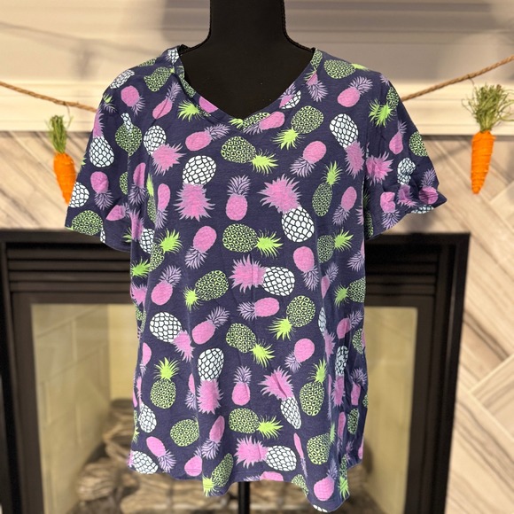 fresh produce Tops - Fresh Produce Pineapple Print V-Neck Short Sleeve T-Shirt‎ Top XL